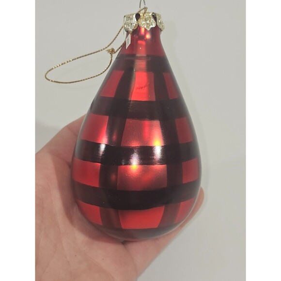 KSD VINTAGE Blown Glass Christmas Ornament Black Red Tear Drop Plaid Checked 5" - Picture 3 of 5